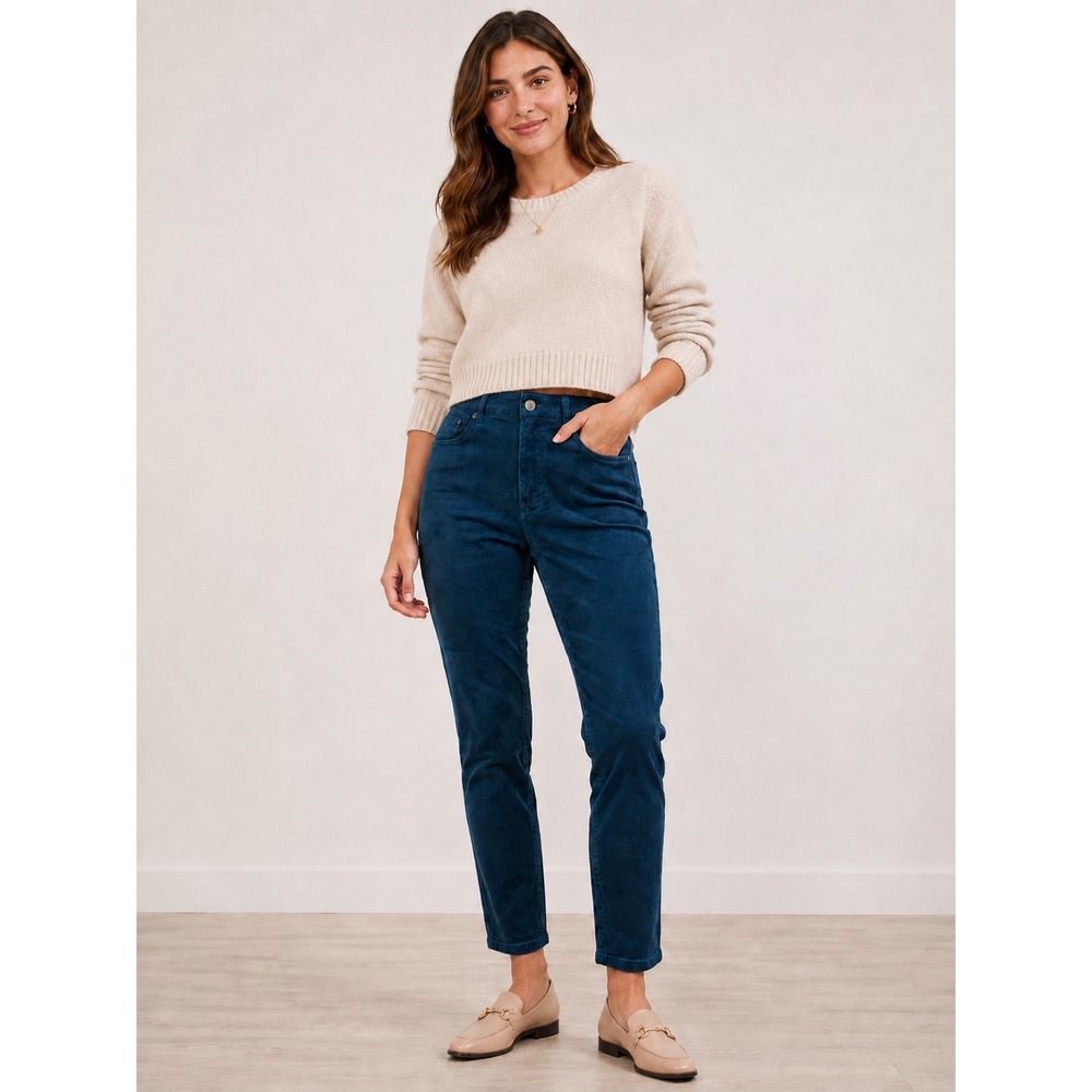 NWT ModCloth Women's 14 Teal Blue Velvet Pants Straight Leg Cotton Stretch